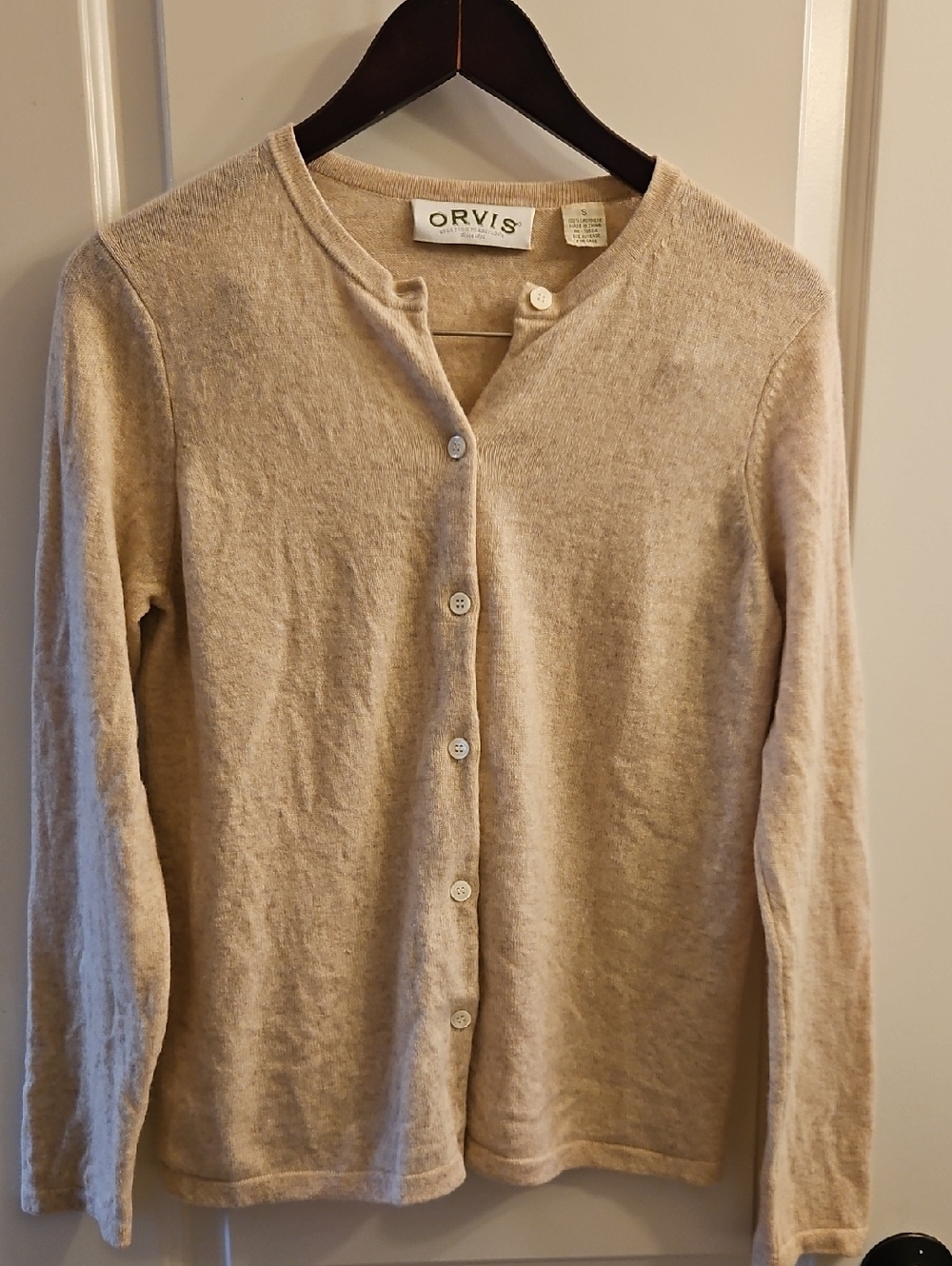 Orvis 100% Featherweight Cashmere Cardigan, Heathered Cream, S, Quiet Luxury - Picture 2 of 8